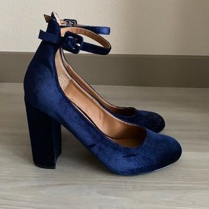 Navy Blue Velvet Chunky Heels